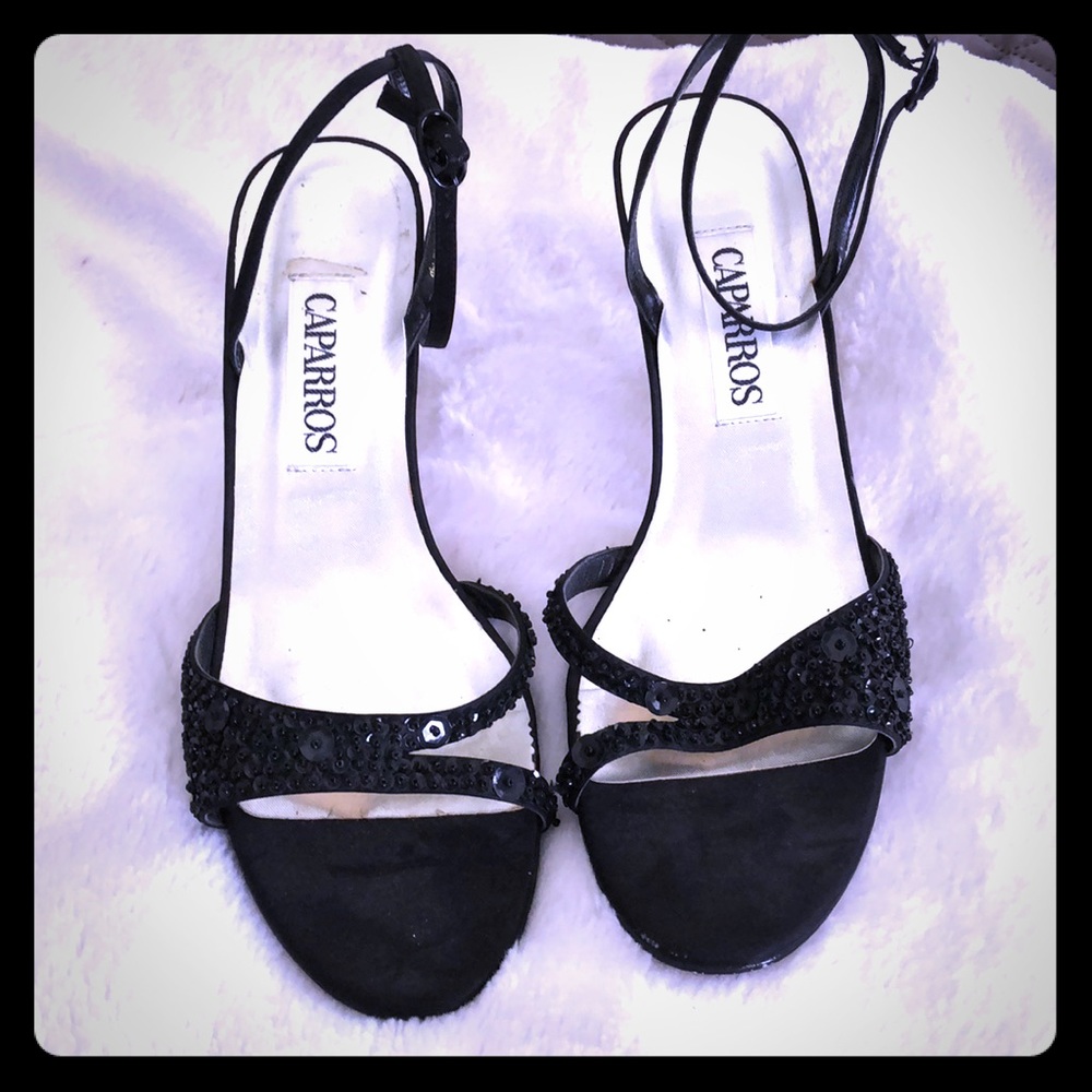 Black beaded ankle strap heels 7-1/2